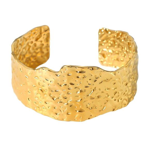 18K Gold Plated Women's Cuff Bracelet Modern Textured Look Hypoallergenic - Picture 1 of 12